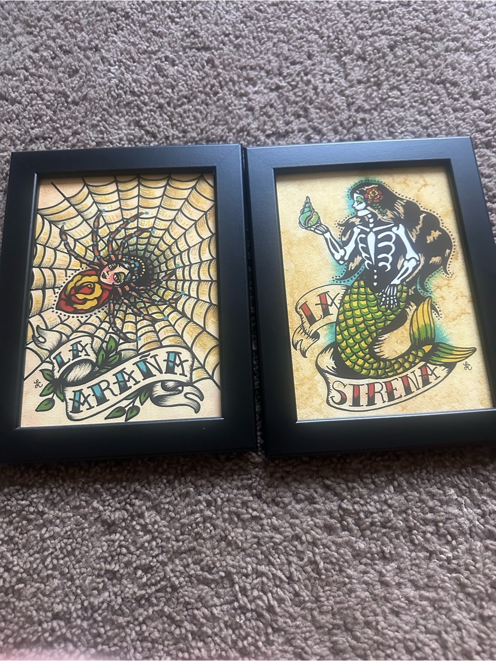 Framed Tattoo Art Prints - Mermaid & Spider Web Pair - Yellow, Green, Black